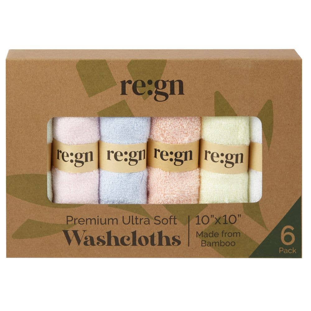 Re:gn - Re:gn Organic Bamboo Face Cloths – Ultra-Soft Eco Washcloths, Pastel 6 Pack