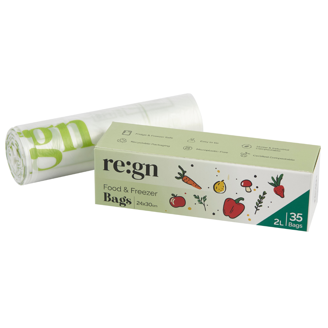 Re:gn - Compostable & Biodegradable 2L Food and Freezer Bags – 35 Bags per Roll, Leakproof, Plant-Based Storage