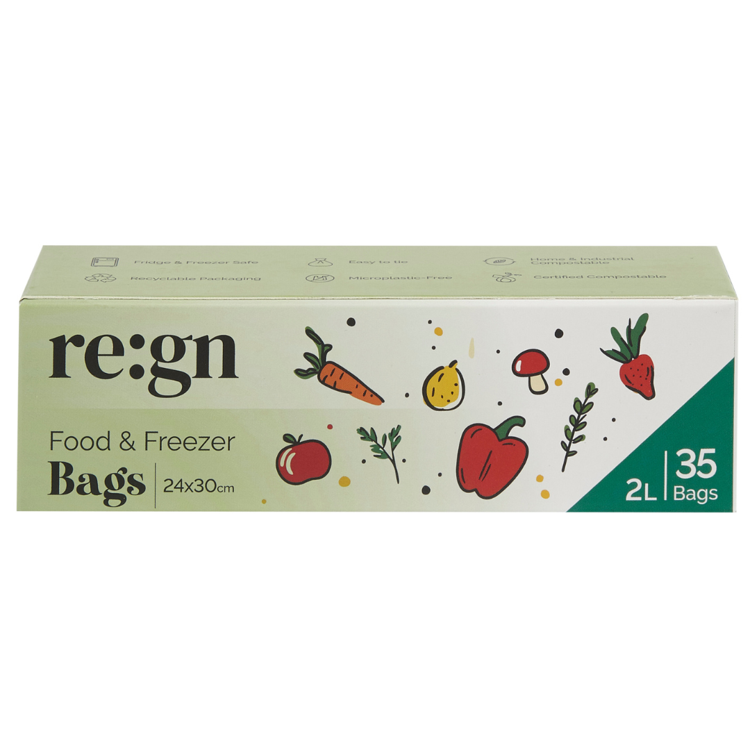 Re:gn - Compostable & Biodegradable 2L Food and Freezer Bags – 35 Bags per Roll, Leakproof, Plant-Based Storage