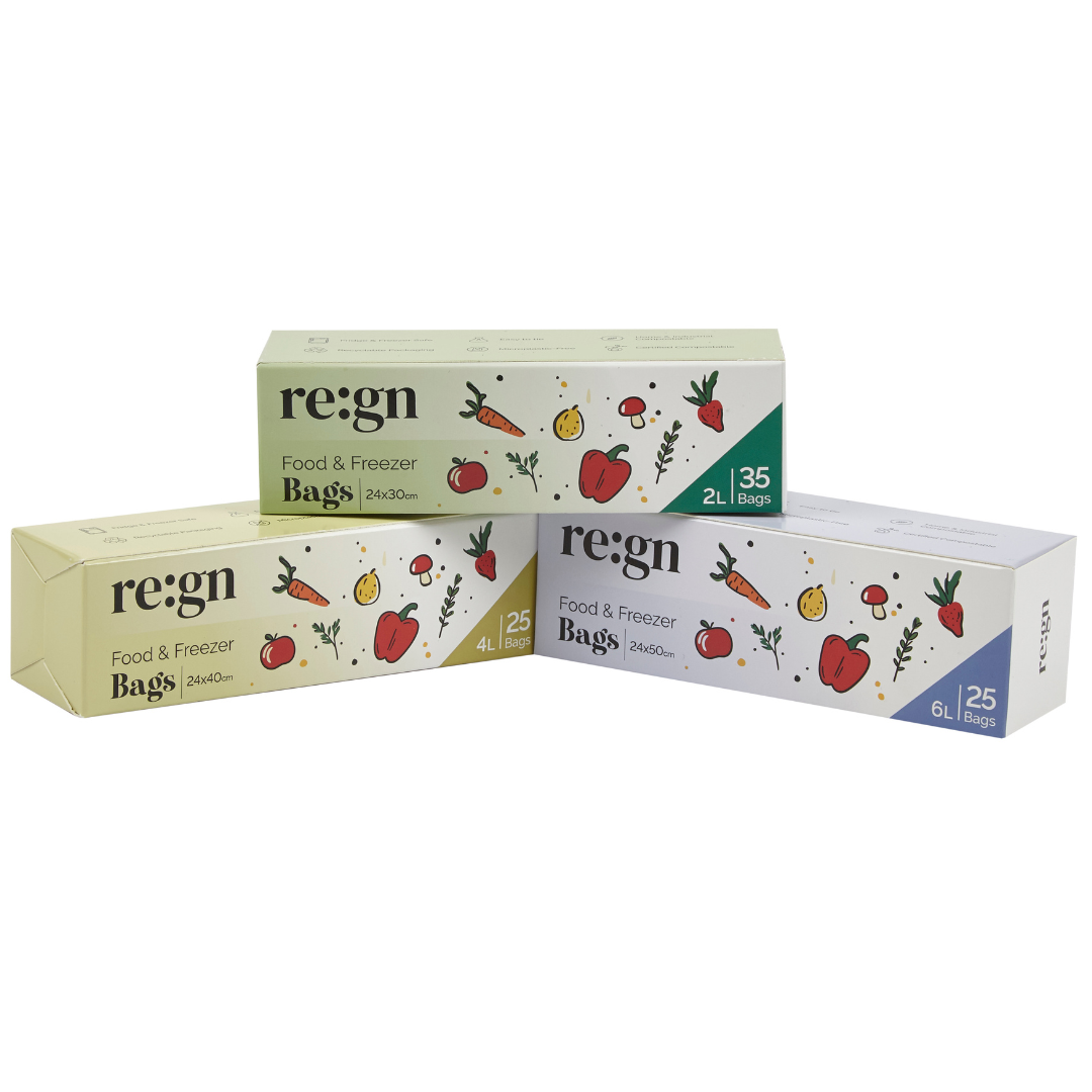 Re:gn - Compostable & Biodegradable 2L Food and Freezer Bags – 35 Bags per Roll, Leakproof, Plant-Based Storage
