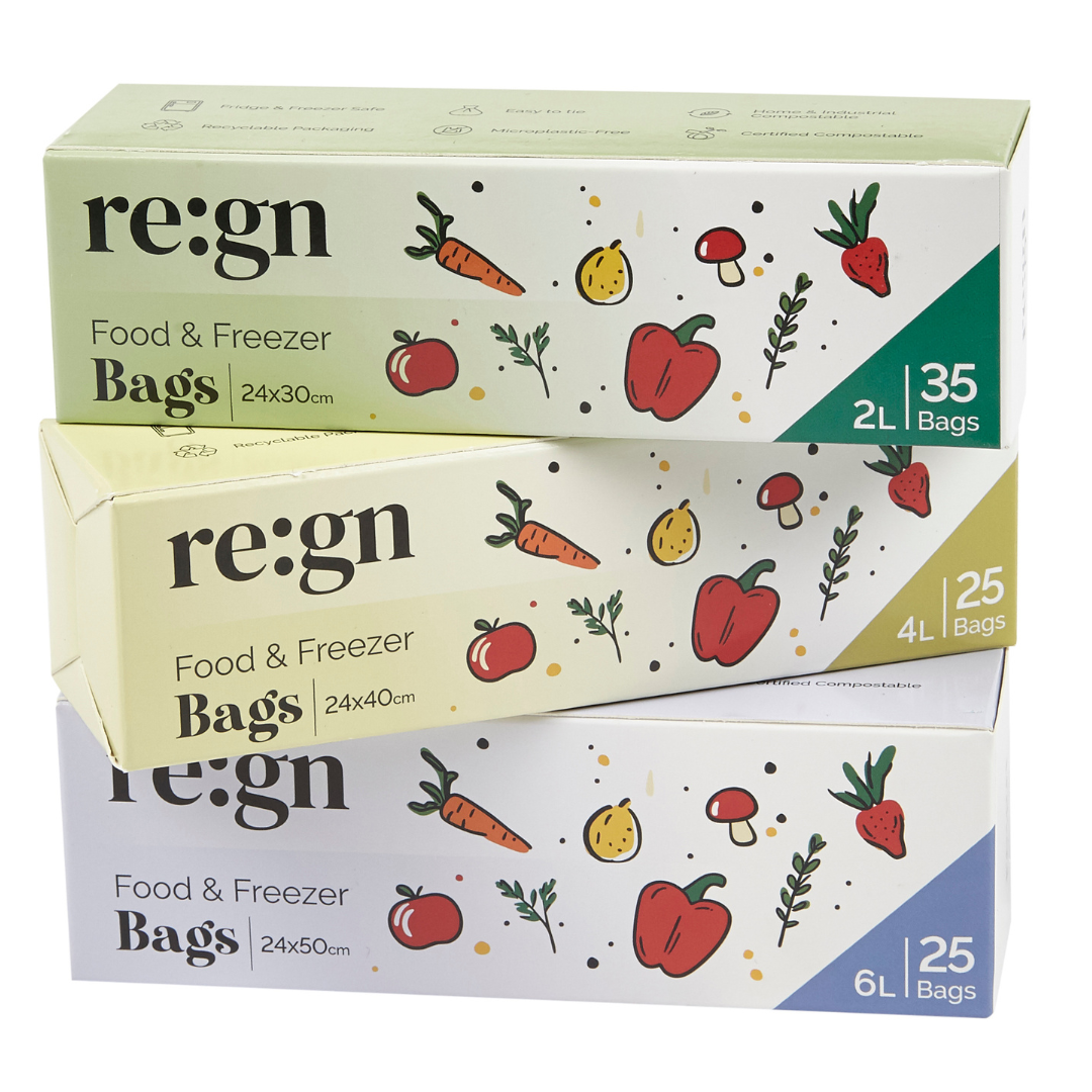 Re:gn - Compostable & Biodegradable 2L Food and Freezer Bags – 35 Bags per Roll, Leakproof, Plant-Based Storage